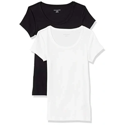 Immagine di Amazon Essentials T Shirt Aderente con Maniche Ad Aletta e Scollo Ampio Donna, Pacco da 2, Nero/Bianco, XL