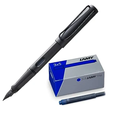 Immagine di Lamy set di 1 penna stilografica Safari in piuma umbra media e 3 cartucce d&#039;inchiostro T10 confezione originale colore inchiostro blu