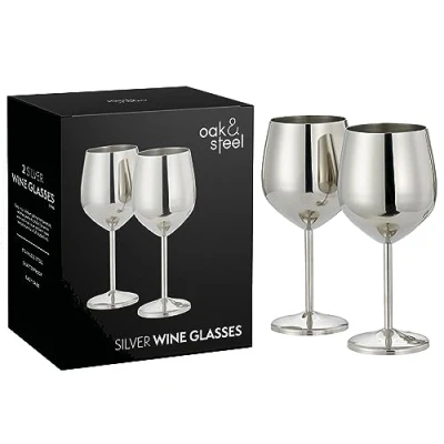 Immagine di Oak &amp; Steel 2 bicchieri da vino d&#039;argento (520 ml) in acciaio inox, bere metallo infrangibili con confezione regalo