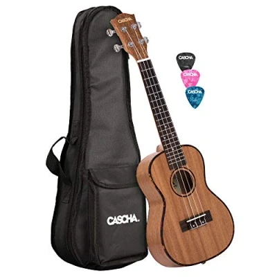 Immagine di Cascha Set ukulele da concerto in mogano, piccola chitarra Hawaii per principianti con borsa, 3 grimaldelli e corde del marchio Aquila