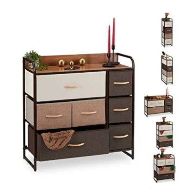 Immagine di relaxdays Mobiletto con Cassetti, 7 Tiretti Pieghevoli in Tessuto, Ripiano, HLP 79 x 80 31,5 cm, Marrone