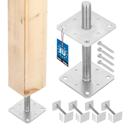Immagine di KOTARBAU® Set di 4 Supporto per Pali in Legno 110x110x250 mm Supporti Regolabili Pavimento Travi Zincato Manicotto Ancoraggio Palo Staffa Fissaggio