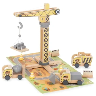 Immagine di Mamabrum, cantiere in legno con gru mobile e veicoli include coni stradali materiali da costruzione, perfetto per piccoli ingegneri!