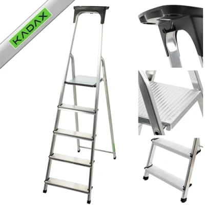 Immagine di KADAX scala in alluminio, fino a 125 kg, gradini, scaletta pieghevole per anziani, di sicurezza con ripiano, alluminio (5 livelli)
