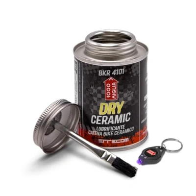 Immagine di 1000 Miglia BKR 4101 DRY CERAMICO Lubrificante Catena Bici per Condizioni del tracciato Asciutte e Polverose 240 ml, formula fluorescente profumata, Barattolo All In One con Pennello incluso