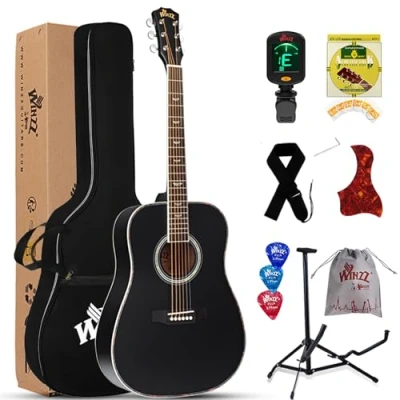 Immagine di Winzz Chitarra Acustica 4/4 Adulti Principianti, per Bambini 12+ Anni, Nero Folk Kit 8 Accessori con Corde d&#039;acciaio, Accordatore, Tracolla, Supporto, Custodia (41&quot; Dreadnought)