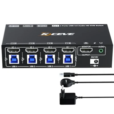 Immagine di YOUTINGHDAV Switch KVM HDMI 4 porte, USB 3.0 computer 1 monitor 8K 60 Hz, emulatore EDID, 4K 120 Hz a PC Condividi Mouse Tastiera