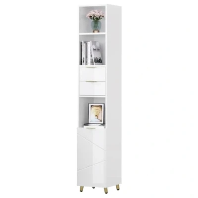 Immagine di EUGAD Mobile da Bagno Salvaspazio Alto e Stretto, Colonna con 2 Cassetti, 3 Scomparti a Giorno, 1 Vano Anta, Ripiani Regolabili, in MDF Metallo, Bianco Lucido, 30x28,5x160cm
