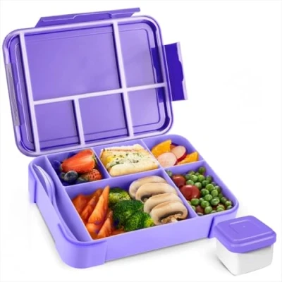 Immagine di PUWOWYE Lunch Box, Porta Pranzo con Posate, 1330ml Bambino Adulto Bento Box 5 Scomparti, Schiscetta Contenitore per Microonde Lavoro Picnic Ufficio, Senza BPA(Viola)