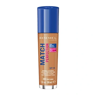 Immagine di Rimmel London Match Perfection Foundation, Fondotinta Liquido Pelle Perfetta e Levigata a Lunga Tenuta con SPF 20, 303 True Nude, 30 ml