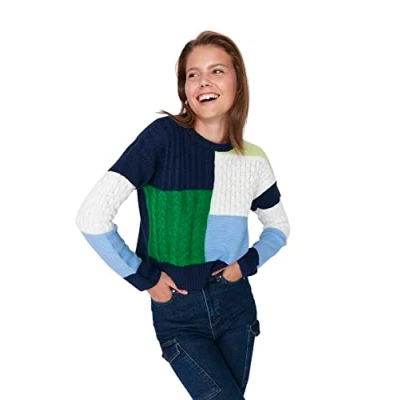 Immagine di Trendyol Girocollo Colorblock Regolare Maglione Maglia di Tuta, Blu, L Donna
