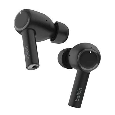 Immagine di Belkin SoundForm™ Pulse Auricolari con cancellazione del rumore, custodia di ricarica wireless e 3 microfoni per auricolare; cuffie Bluetooth resistenti all&#039;acqua (IPX5) iPhone Samsung Nero