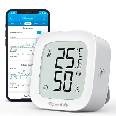 Immagine di GoveeLife Termometro Igrometro WLAN, temperatura digitale e umidità dell&#039;aria, interno con app, allarme di notifica archiviazione dei dati, controllo remoto, adatto per camera da letto, cantina del