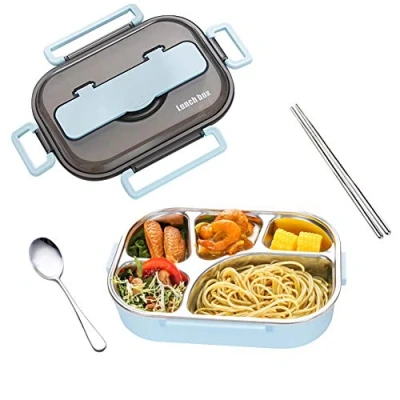 Immagine di amropi Scatole Bento Lunch Box Acciaio Inossidabile Contenitori 2/3/4/5 Scomparto Dispensa con Bastoncini e Cucchiaio (Blu, 5 Scomparto)