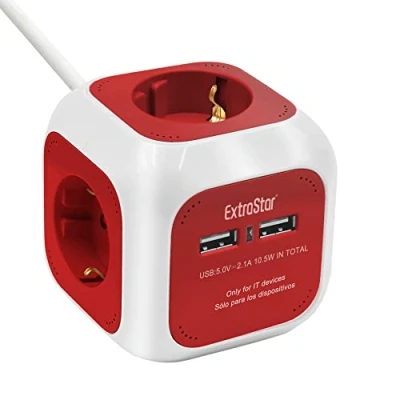 Immagine di EXTRASTAR 6 in 1 cubo multipresa con USB a 4 prese + 2 porte 5 V, 1,5 m, max 3680 W, 16 A, rosso, per casa e ufficio
