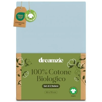 Immagine di Dreamzie 100% Cotone Biologico Federe Cuscino Letto 50x70 cm Set da 2 Blu con Zip Oeko Tex