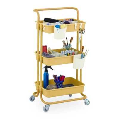 Immagine di Relaxdays Carrello da Cucina con Ruote, 3 Ripiani, 2 Freni, Portaoggetti per Bagno e Ufficio, HLP: 86x42,5x36 cm, Giallo
