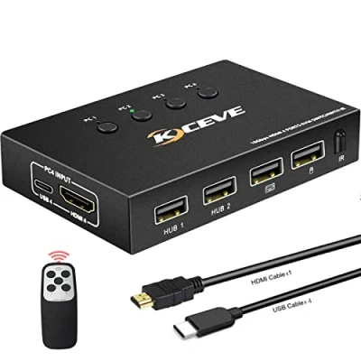 Immagine di KVM Switch 4 Porte Box 4K@60Hz,MLEEDA USB e HDMI per computer la condivisione di un monitor UHD dispositivi USB, stampante mouse tastiera, con telecomando 5 cavi