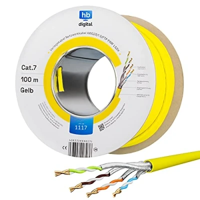 Immagine di hb digital, Cavo di rete CAT 7 LAN, 100 m, 7, in rame, professionale, S/FTP PIMF LSZH, senza alogeni, giallo, RoHS Compliant cat. AWG 23/1
