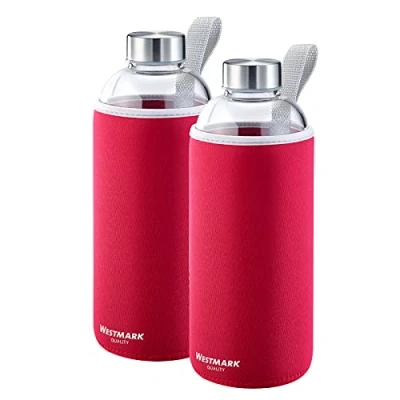 Immagine di Westmark Set di 2 Borracce in Vetro con Stampa, Inclusa Custodia Protettiva, 1000 ml, Vetro/Silicone/Gomma, Senza BPA, Viva, Rosso/Argento/Trasparente, 527422E7