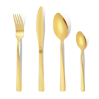 Immagine di Otto Koning Posate Acciaio Inox Dorate Set 32 Pezzi con Coltello, Forchetta, Cucchiaio e Cucchiaino da Caffè Oro per 8 Persone Design Moderno. Lavabile in Lavastoviglie