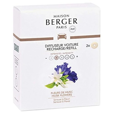 Immagine di Maison Berger Set di 2 capsule in ceramica per deodorante auto ricaricabile, diffusore con clip, 4/6 settimane, fragranza e profumo Berger, fiori muschio, made France