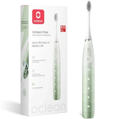 Immagine di Oclean spazzolino elettrico sonico Flow, Ricarica ogni 180 giorni, 5 Modalità, Impermeabile IPX7, Timer da 2 minuti, Testine DuPont, Verde