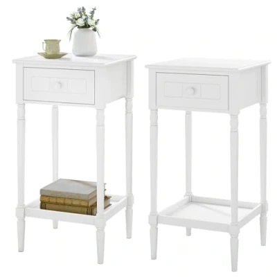 Immagine di WOLTU Set di 2 Comodini Alto con Cassetto e Ripiano Aperto, Tavolino da Divano 35x35x70,5cm, Salotto Bianco per Camera Letto, Soggiorno, Stile Barocco, Gambe in Legno Massello