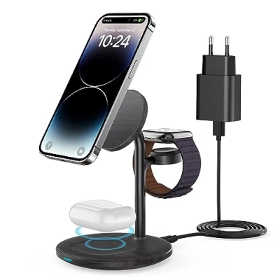 Immagine di Magsafe Stazione di ricarica 3 in 1, per Apple Watch e iPhone, 15 W, compatibile con supporto Mag Safe iPhone 15, 14, 13, 12, iWatch Ultra 2/1, Series 9, AirPods