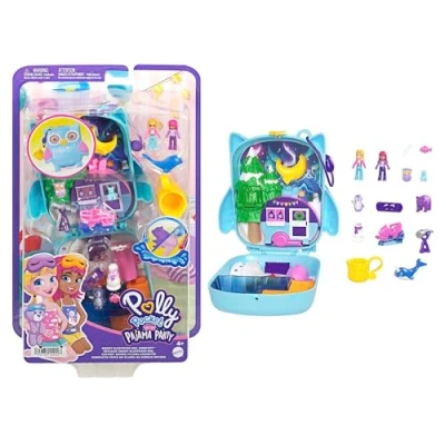 Immagine di Polly Pocket Cofanetto Gufetto Pigiama Party Invernale, playset con 2 micro bambole e cuccioli inclusi, gioco d&#039;acqua 12 accessori di cui cambia colore, giocattolo per bambini, 4+ anni, HKV37