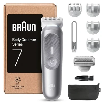Immagine di Braun Rasoio Elettrico Corpo Uomo Series 7, +8 Strumenti Cura Corpo, Luce Smartlight &amp; SkinGuard, 100 Min Utilizzo, Testine SmoothShave SensitiveTrim, Impermeabile, Intimo Uomo, Grigio