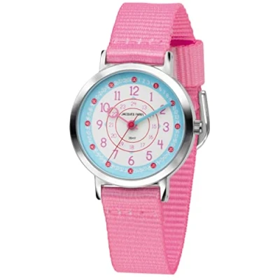 Immagine di JACQUES FAREL Happy Learning KOP 04 Orologio da polso per bambini, analogico, al quarzo, in metallo, cinturino tessuto, Colore: rosa., cinghia