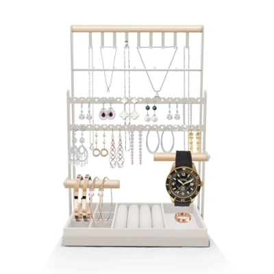 Immagine di TFSZE Espositore per Gioielli,Espositore Gioielli a 4 Livelli,Vassoio in Velluto,Espositore Con Base Ad Anello,Per Collane Bracciali Orecchini Anelli(Bianco)
