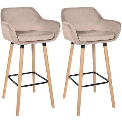 Immagine di CLP Coppia di Sgabelli Bar Grant in Velluto Sfoderabile I Set 2 Sedie Alte Cucina Legno con Cuscino Removibile, Colore:Grigio Chiaro