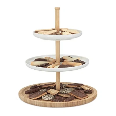 Immagine di Relaxdays Alzata Portafrutta Cucina, Alzatina Bambù e Ceramica, 3 Piani, Vassoio per Frutta Dolci, Bianco Marrone
