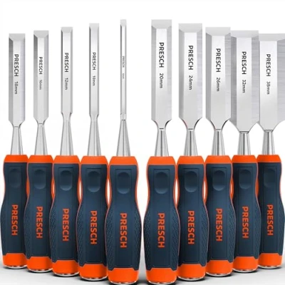 Immagine di Presch Set di scalpelli per legno 10pz. Completamente affilati un utilizzo immediato (6, 10, 12, 16, 18, 20, 24, 26, 32, 38 mm) Con angolo taglio a 25 e robusta capocchia in metallo