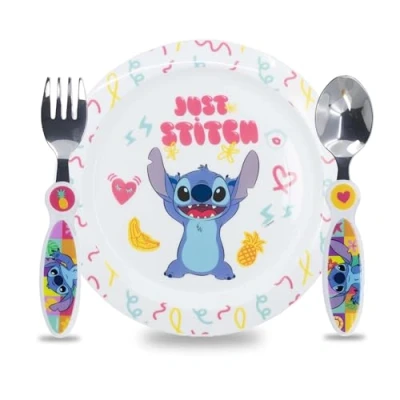 Immagine di Sorrisini Set Stoviglie Bambini Piatti per asilo, scoula Pappa Bimbo piatto, posate in acciaio inox Svezzamento Prima plastica dura riutilizzabile Lilo