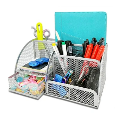 Immagine di MDHAND Multifunzione Archiviazione, Organizer da Scrivania in Rete Semplice con cassetto Scorrevole, Portapenne Ssalvaspazio, 6 scomparti +