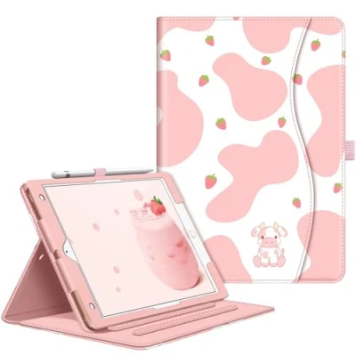 Immagine di FINTIE Custodia per iPad 10.2 Pollici 9a / 8a 7a Generazione (2021 2020 2019), [Multi angli] Folio Pieghevole Cover Protettiva Case con Tasca, Auto Sveglia/Sonno, Strawberry Cow