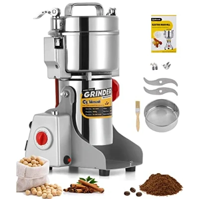 Immagine di CGOLDENWALL Mulino per Cereali Elettrico 700g Superfine Macina Spezie Grano/Erba/Caffè 28000RPM Alta Velocità con Open Cover Stop, Timer Controllo, 2400W Commerciale Motore