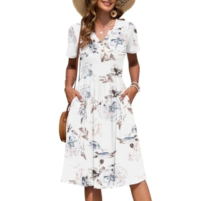 Immagine di AUSELILY Vestito Estivo a Maniche Corte da Donna Abito Casual Scollo V al Ginocchiocon Bottoni con Tasche Fiore Bianco M
