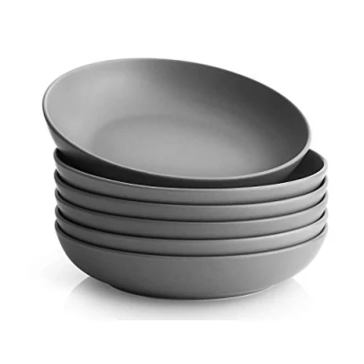 Immagine di Y YHY Set di 6 Piatti per Pasta, 21,6 x 4,5 cm Grandi in Porcellana Insalate, Zuppe, Frutta, Ciotole Servire, Adatti al Forno a Microonde &amp; Lavastoviglie 880 ml, Grigio