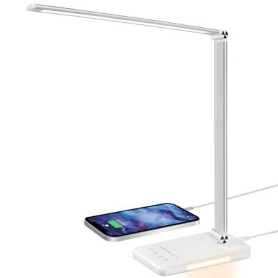 Immagine di Lampada da Scrivania, 560LM Tavolo con 5 Colori &amp; 10 Livelli di Luminosità, Dimmabile, Protezione degli Occhi, Luce Notturna, Porta USB, Funzione Memoria, Timer Auto 30 Min, 6000K, 10W