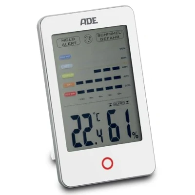 Immagine di ADE Igrometro digitale con allarme muffa Termometro visualizzazione precisa della temperatura Umidità cronologia di 12 ore Ampio display LCD Funzionamento a batteria Bianco