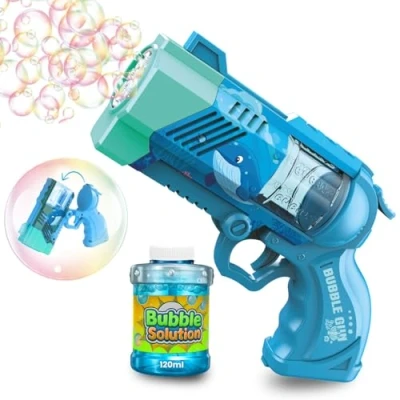 Immagine di Blubbel Sparabolle di Sapone LED, Pistola Giochi, Macchina Automatica, Bubble Gun, Cannone d’Aria, Giocattolo Matrimonio, Regalo Estivo Bambini, 80ml Liquido Incluso