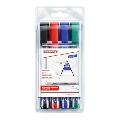 Immagine di edding 363 Marcatore per lavagne bianche punta a scalpello; Astuccio 4 pz.; Colori nero, rosso, blu, verde; Tratto 1 5 mm
