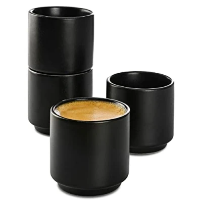 Immagine di Cosumy Set di 4 Tazze da Espresso in Ceramica Nera Design Impilabile Pareti Spesse Lavabile Lavastoviglie 70 ml