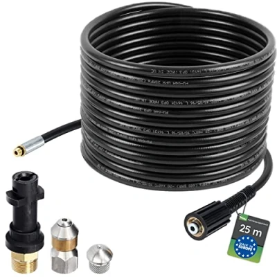 Immagine di Tubo flessibile per la pulizia dei tubi, 25m, 160 200 bar, adattatore incluso, ugelli rigidi + rotanti, compatibile con le idropulitrici Karcher K2, K3, K4, K5, K6, K7