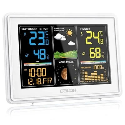 Immagine di BALDR Stazione Meteo con Sensore Esterno, Display a Colori, Orologio Radiofonico DCF, Previsioni del Tempo, Barometro, Fasi Lunari, Termometro Interno ed Igrometro