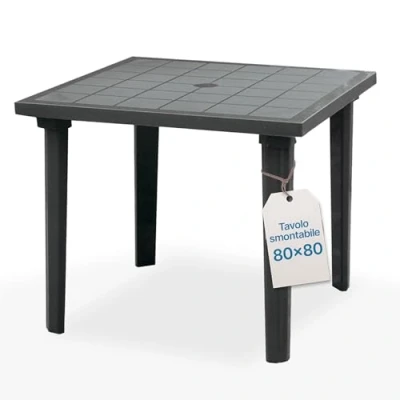 Immagine di Tomaino Tavolo da Giardino in Plastica Quadrato per esterno Tavolino Pranzo 4 posti Con Foro Ombrellone Polipropilene Arredo Balcone, Terrazzo, Campeggio, Bar (Nero)
